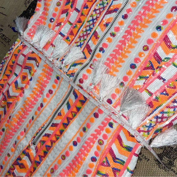 PRETTYLITTLETHING NWOT! Orange/White Sequin Fringe V-Neck Long Sleeve Dress - Picture 15 of 17